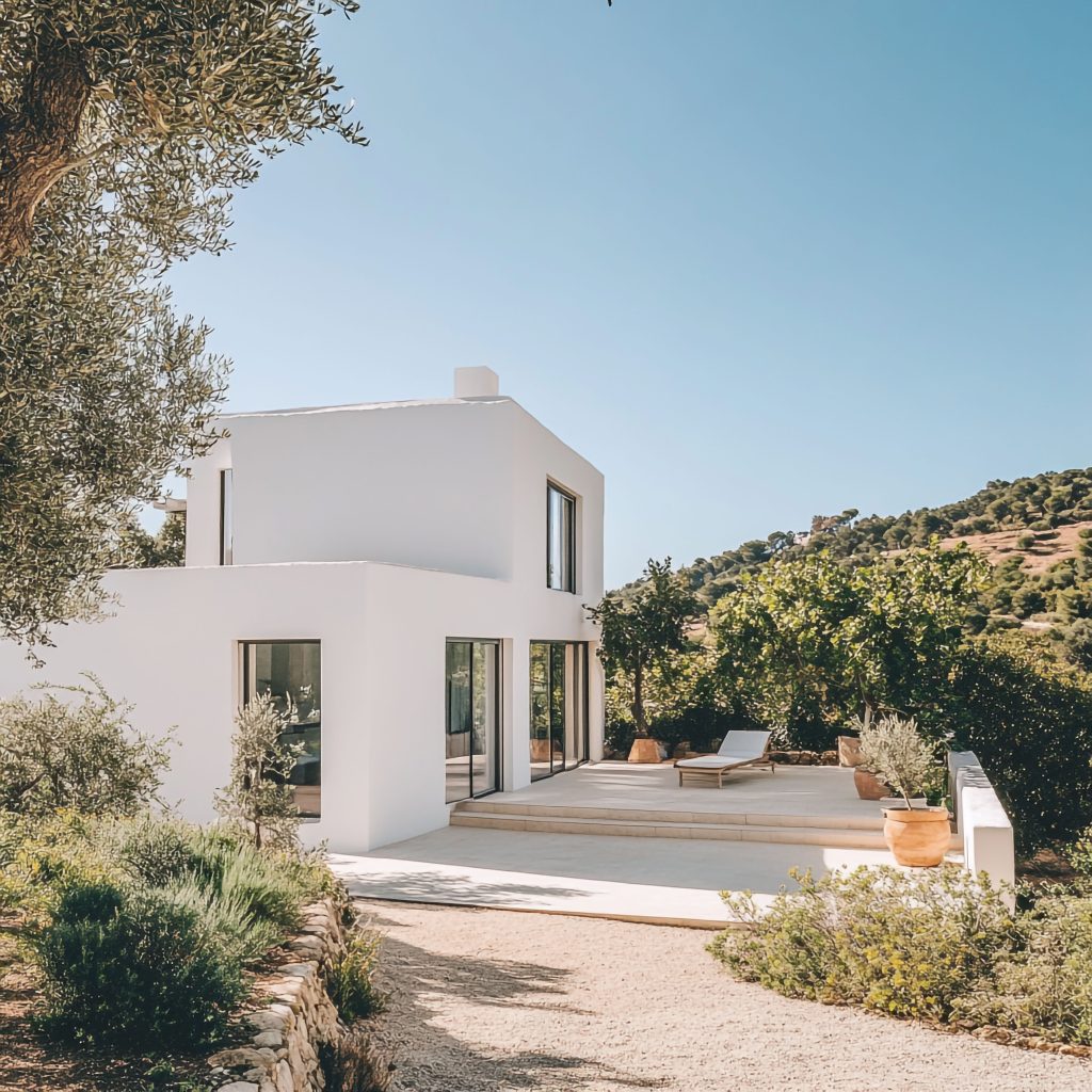 Villa blanche moderne entourée d'oliviers sous ciel bleu