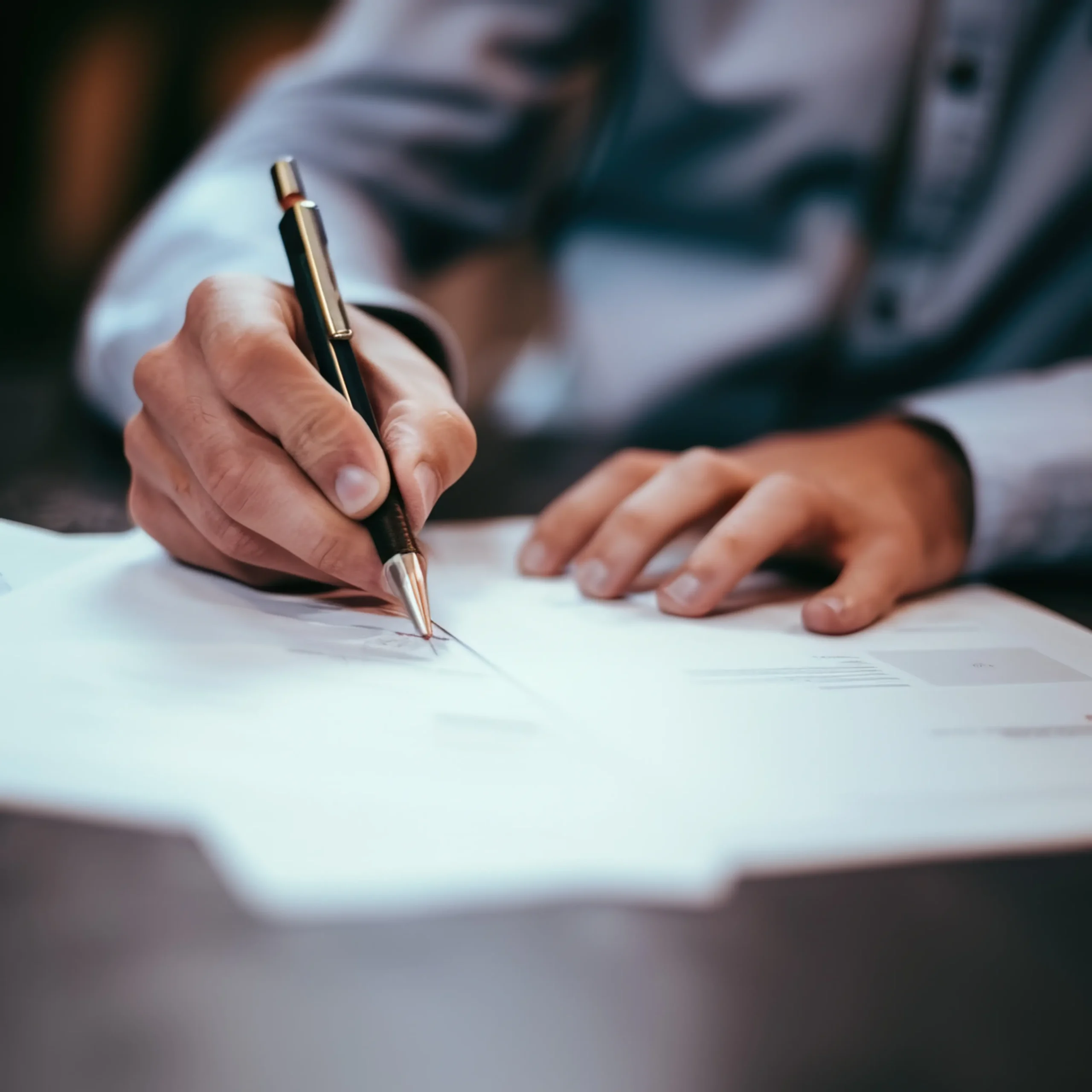 Homme signant un document avec un stylo élégant
