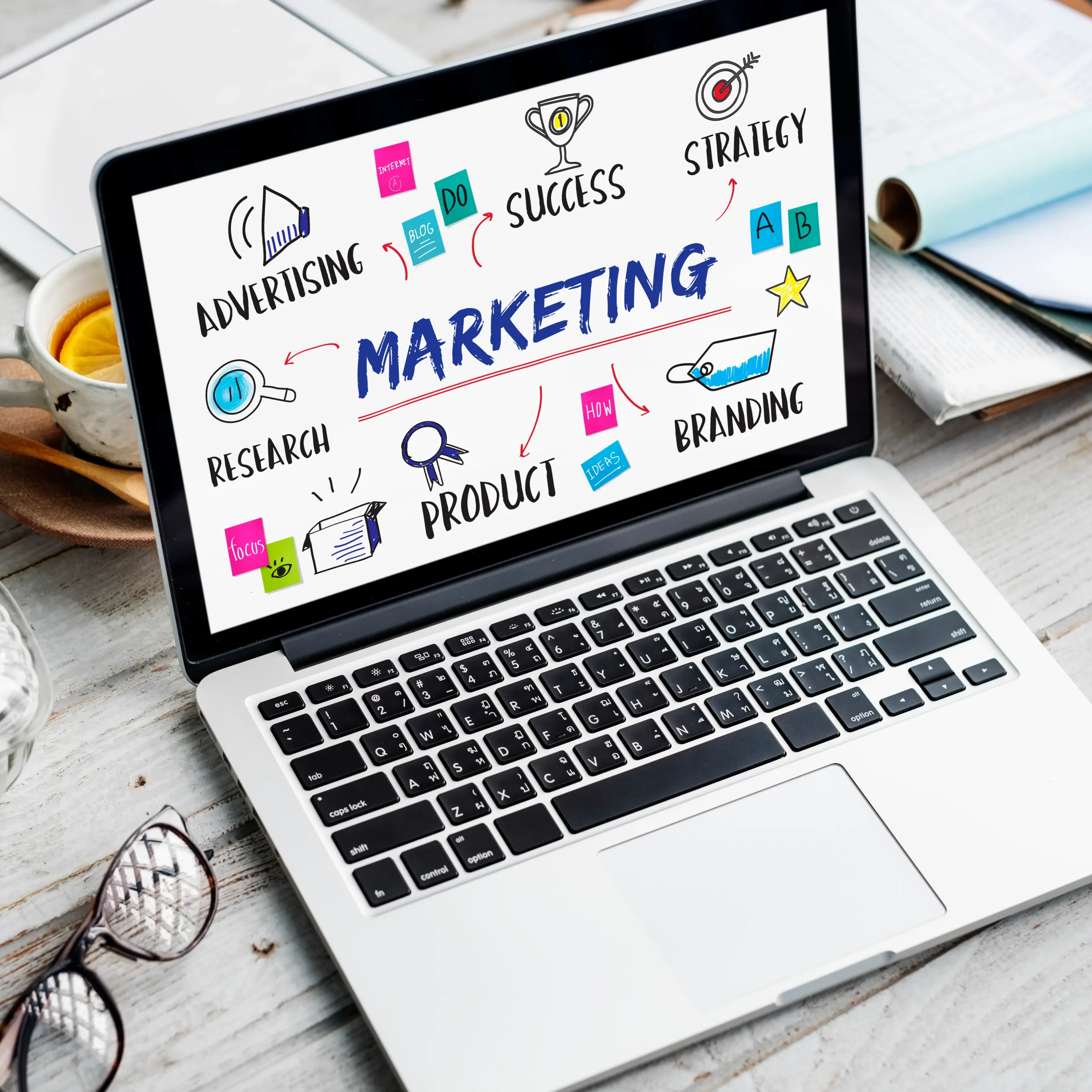 Ordinateur portable affichant un schéma coloré sur le marketing